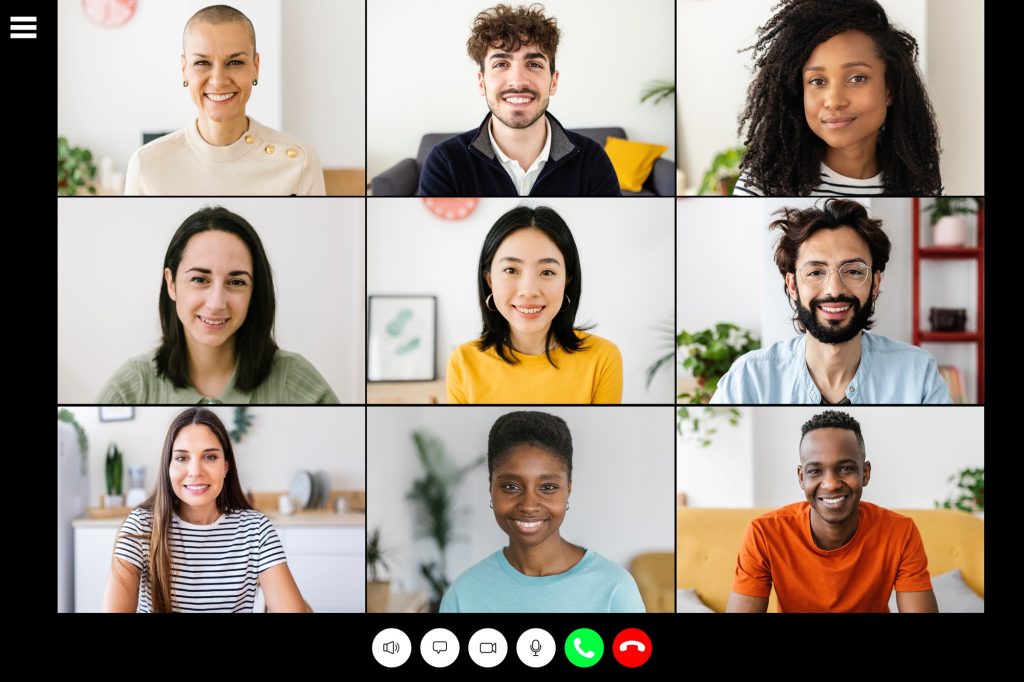 Laptop screen with diverse young people having a video call